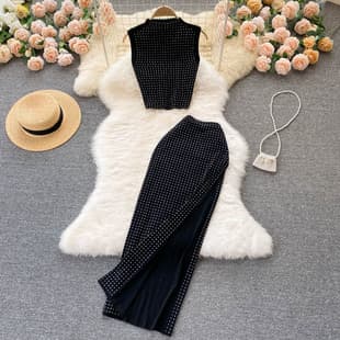 Celebrity Style Two-Piece Set for Women Summer Crop Top Versatile High-Waist Sexy Slit Midi Dress Heavy Rhinestone