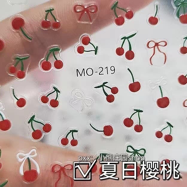 2024 Viral Crystal Diamond Cherry Nail Stickers Wine Red Cherry 5D 3D Relief Nail Stickers Wholesale