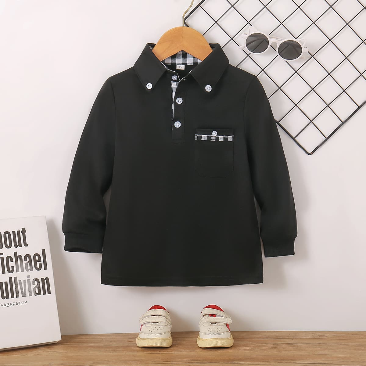 Boys Spring/Autumn Contrast Collar Casual Long Sleeve Polo Shirt, Children's Plaid Collar INS Casual Sweatshirt Polo Shirt