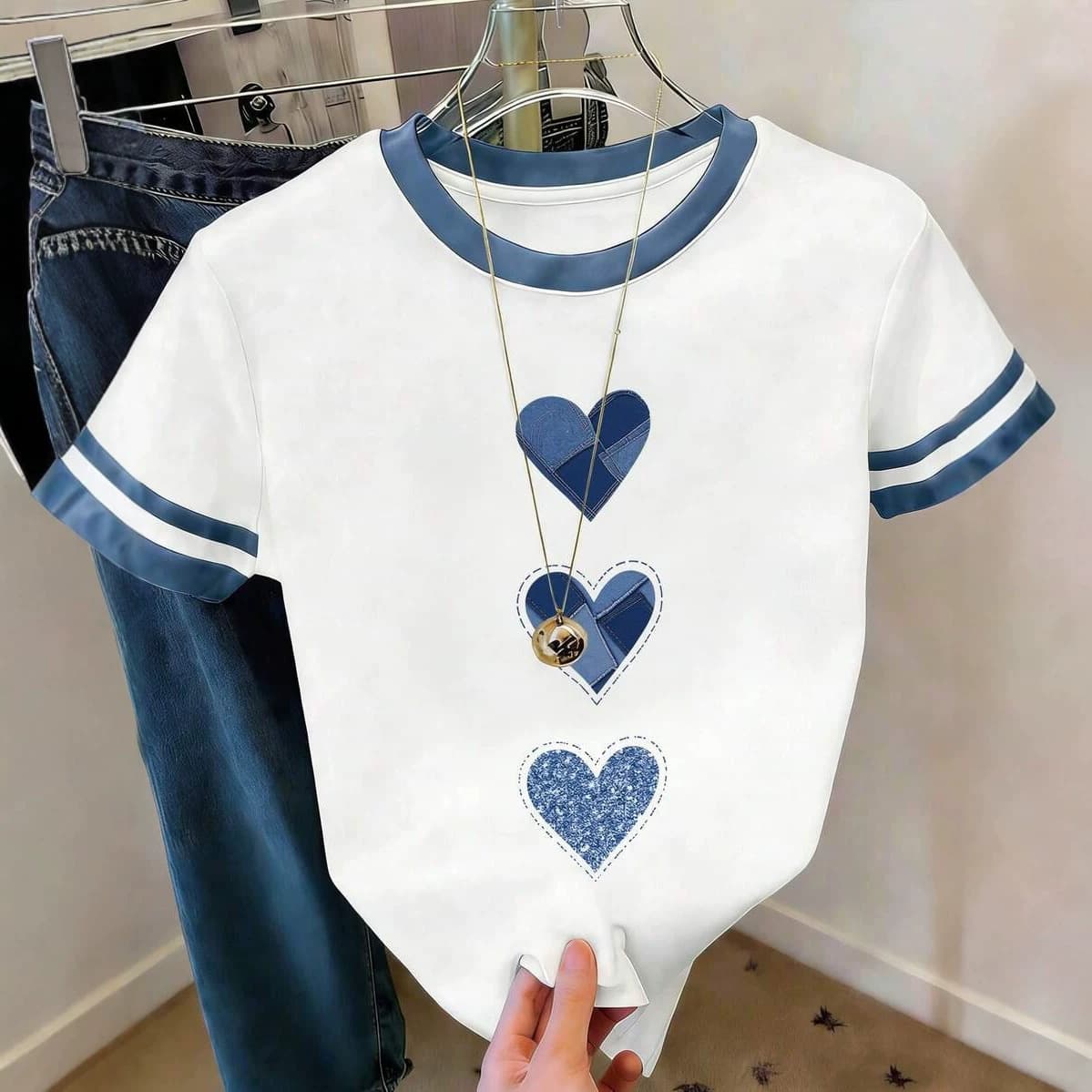 Trendy Fresh White and Blue Heart Print Short Sleeve T-Shirt Comfortable Versatile Top