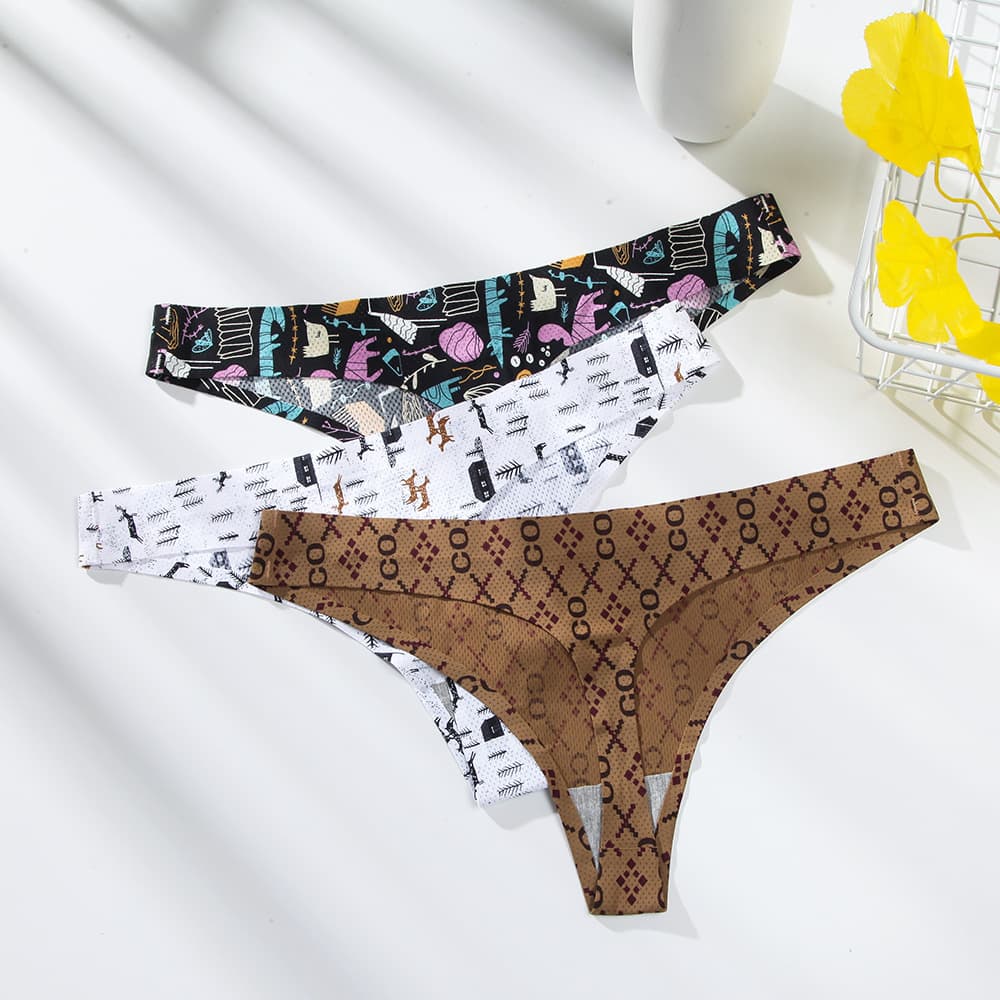 Sexy Thong for Women, Ice Silk Seamless Print, Low Waist, Thin, Antibacterial Crotch, Factory Outlet for Export to Europe and the US