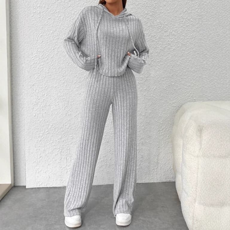 Cross-Border Chunqiu Casual Knit Solid Long Hoodie Loose Long-Sleeve Trousers Fashion Set