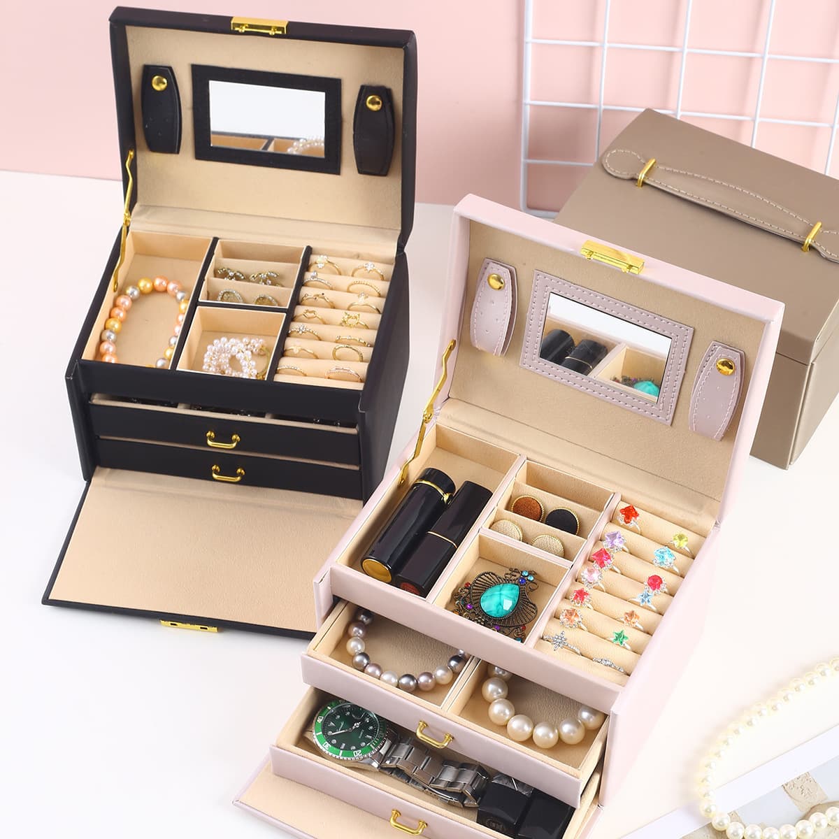 In Stock Jewelry Storage Box Three-Layer European Style Portable Jewelry Box for Bracelets Rings Necklaces and Accessories
