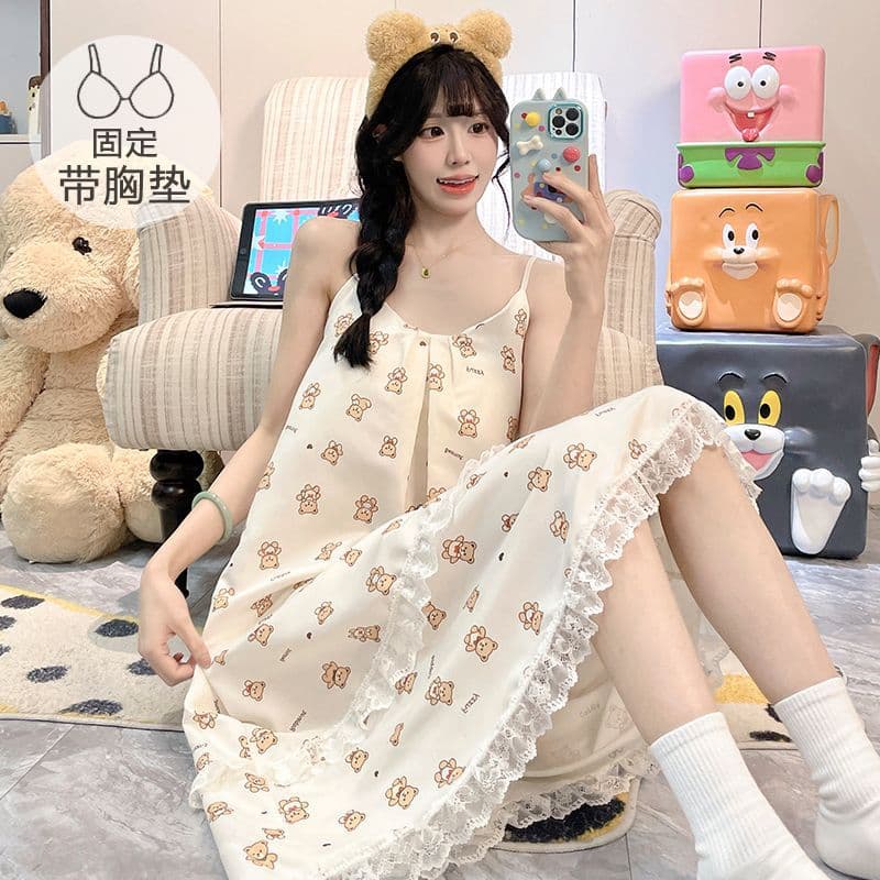 Lace Trim Camisole Nightgown Women's Summer Sweet Cartoon Princess Cloud Cotton with Fixed Pads Plus Size Sleep Dress