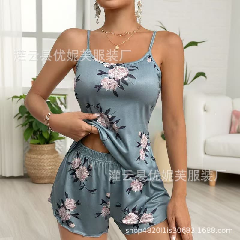 European and American Cross-border Women's Loungewear Sleepwear Set Camisole Print Short Sleeve Shirt and Long Pants Two-piece Set