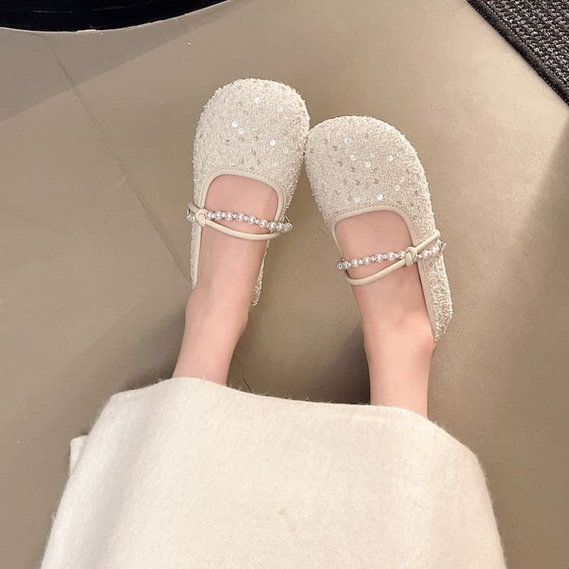 2026 Spring/Summer New Sequined Chanel-Style Women's Slip-On Shoes, Round Toe, Flat, Gentle, Shallow Mouth, Suitable for Pairing with Skirts