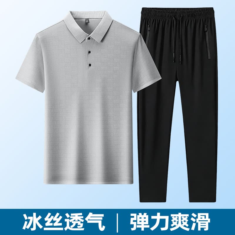 2026 Summer New Business Casual Ice Silk Sportswear Men's Short Sleeve T-Shirt Polo Shirt Father Two-Piece Set