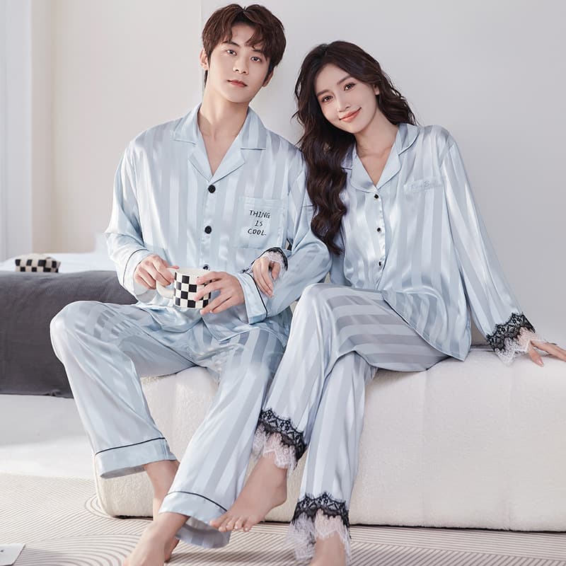 2026 Autumn New Couple Pajamas Ice Silk Long Sleeve Silk Satin Premium Wearable Out Loungewear Set