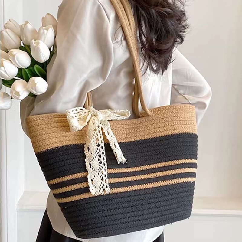 Large Capacity Woven Bag for Women 2024 Model Shoulder Bag Cotton Thread Handbag Lace Woven Straw Bag Color Block Beach Bag Tote Bag