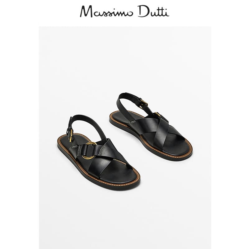 Massimo Dutti Women's 2026 Summer New Genuine Leather Cross-Strap Flat Slide Sandals Black Roman Sandals