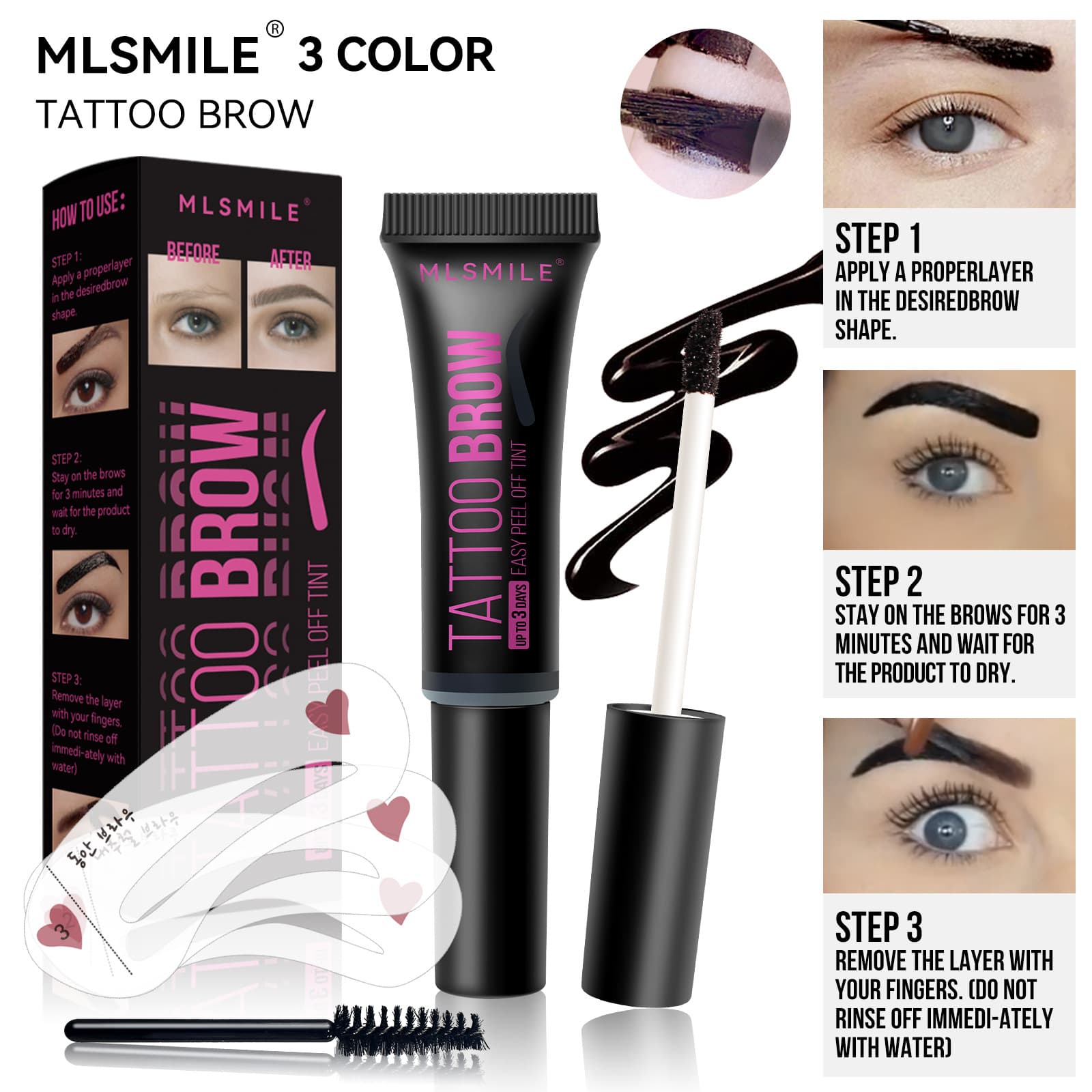 MLSMILE Cross-border Supply Peel-off Eyebrow Gel Long-lasting Smudge-proof Waterproof Sweat-resistant with Stencil Brush 3-color Tint