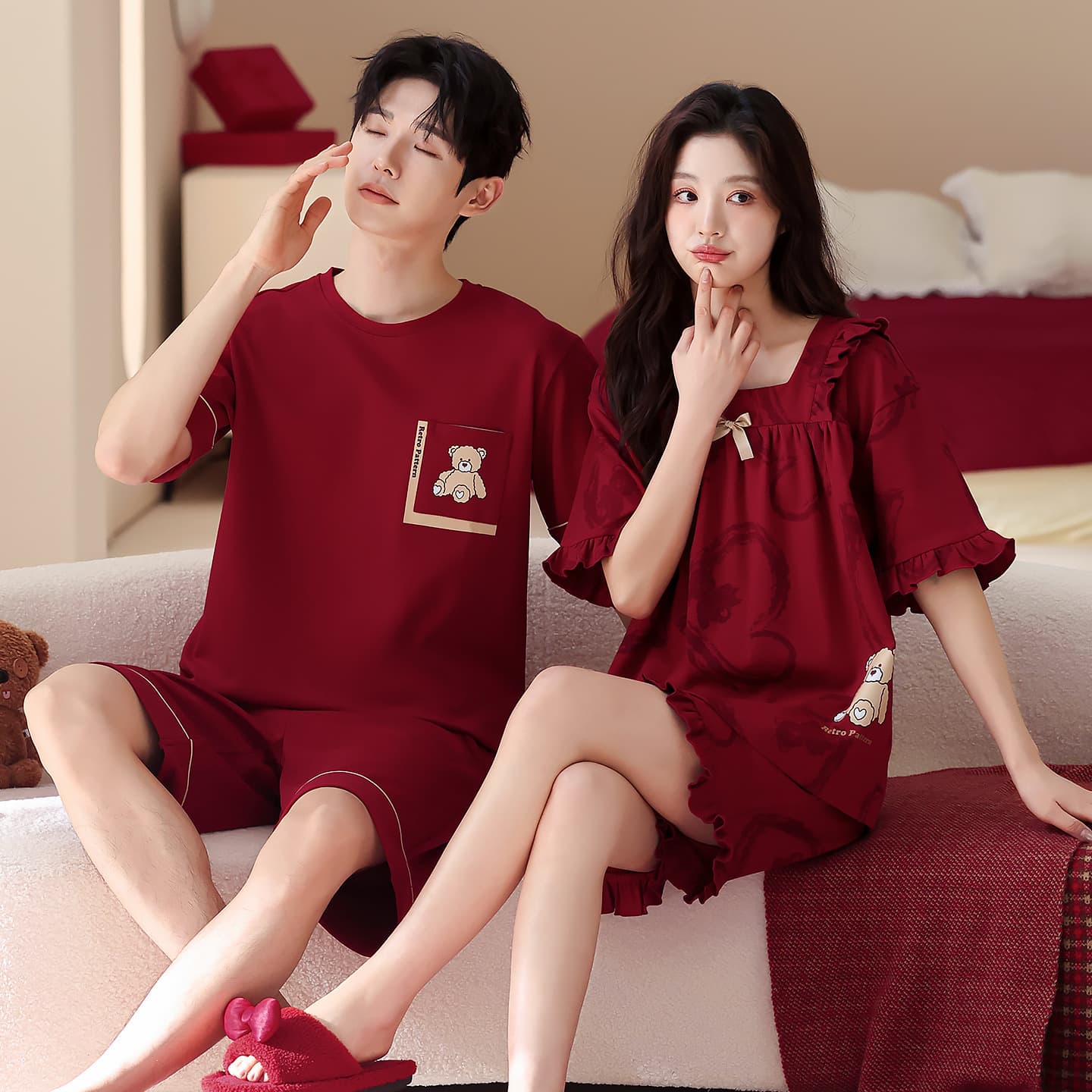 Cotton Short Sleeve Doll Dress Pajama Set for Wedding Couples, Summer, Red, Full Cotton, This Year's Zodiac Color