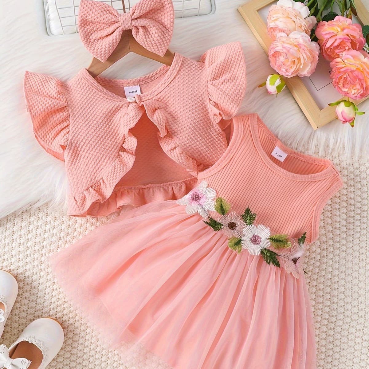 Cross-border INS Baby Girl Summer Waist Flower Vest Mesh Dress with Hair Accessories