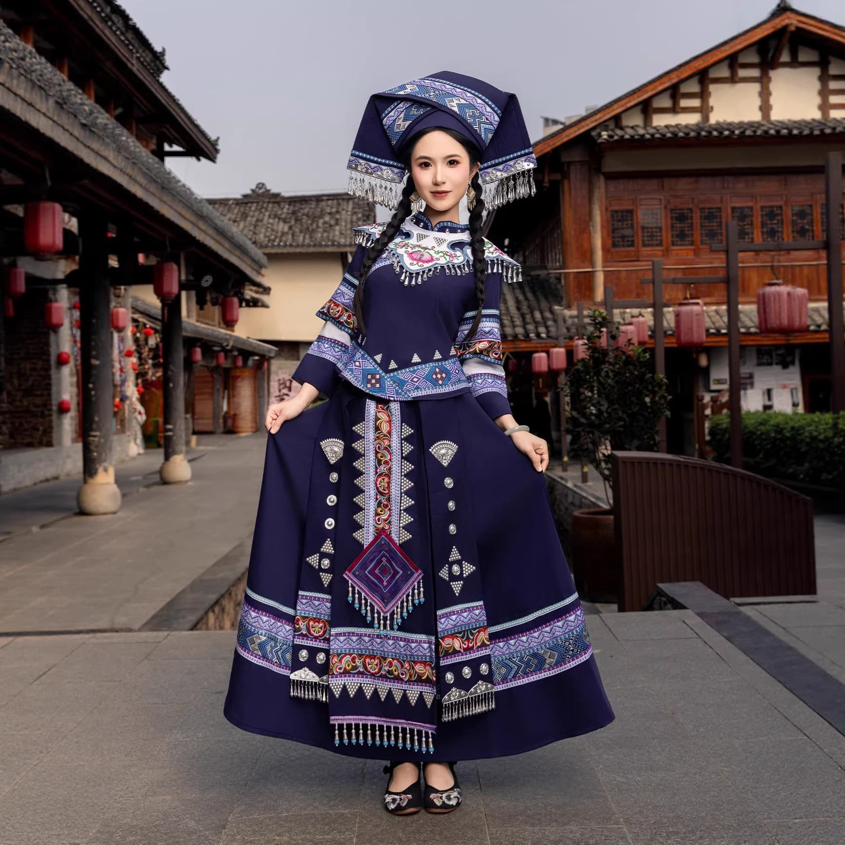 Zhuang Ethnic Minority Costume for Women Adult Performance Outfit Guangxi Traditional Festival Dance Clothing Set