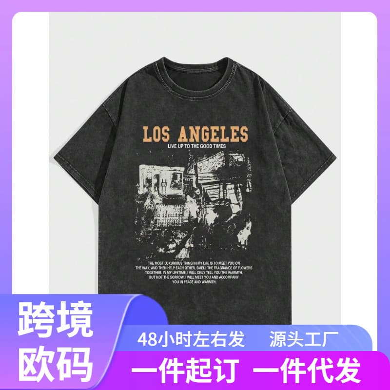 American Retro Sport Cotton Washed T-Shirt Hip Hop Gothic Short Sleeve Top Half Sleeve Plus Size