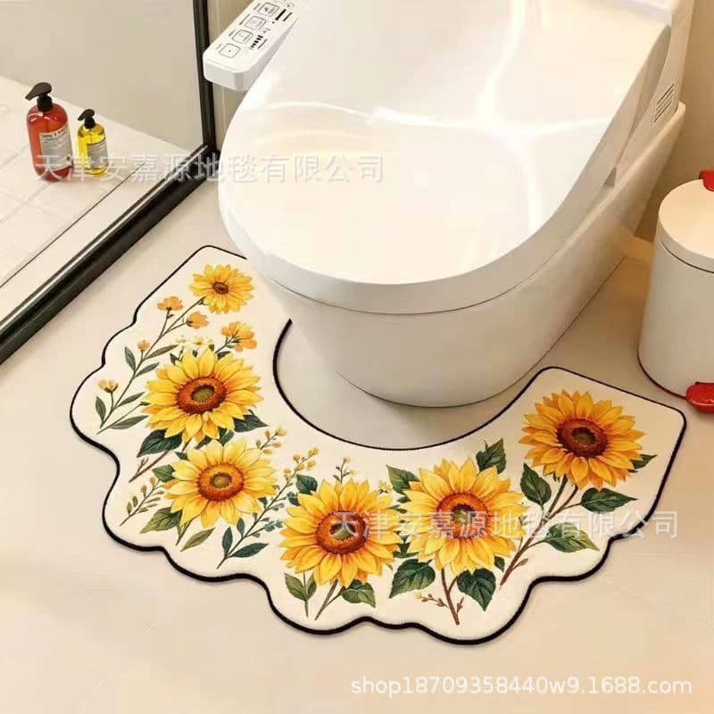 Cartoon Plant Flower U-Shaped Diatomite Bathroom Floor Mat, Home Bathroom Water-Absorbent Non-Slip Stain-Resistant Decorative Foot Mat