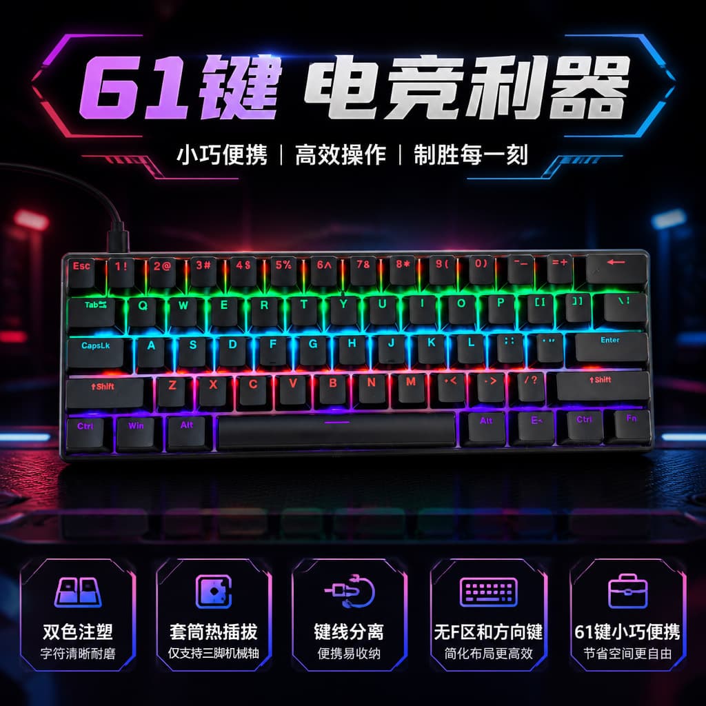 Special Offer In-Stock Wholesale Cross-Border Amazon 61-Key Wired Mixed-Lighting True Mechanical Keyboard with Blue, Red, and Brown Switches, Detachable Cable