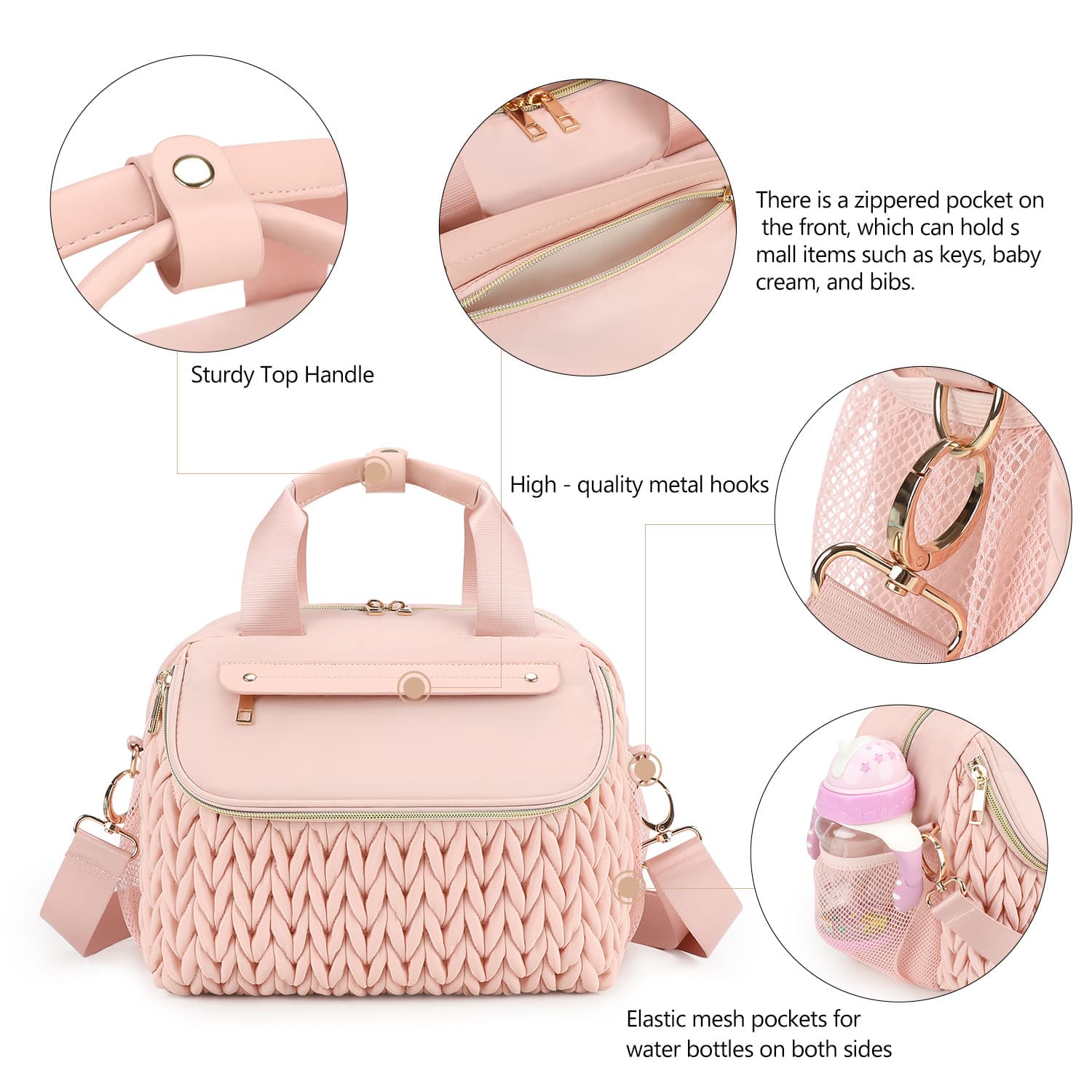 New Cross-Border Pink Woven Mommy Bag Multifunctional Insulated Bottle Holder Large Capacity Crossbody Handbag Baby Bag