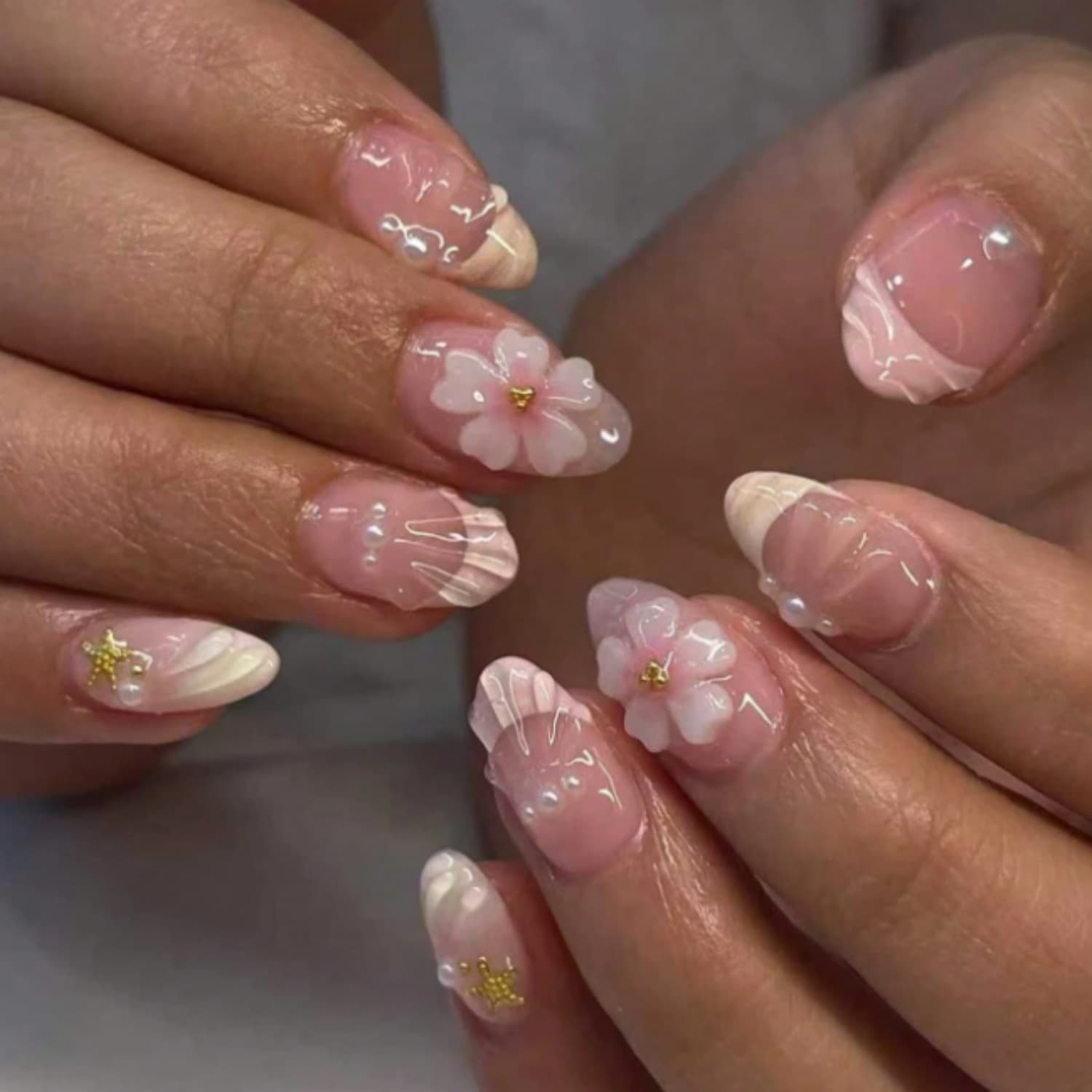 Cross-border hot-selling pink French carved three-dimensional wearable nails 3D flower gold beads almond manicure nail polish factory straight hair