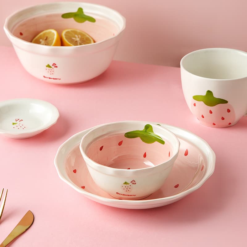 Ceramic Tableware Cute Girly Home Strawberry Bowl Ceramic Bowl Plate Children's Bowl Soup Bowl Plate Fresh Style Adorable