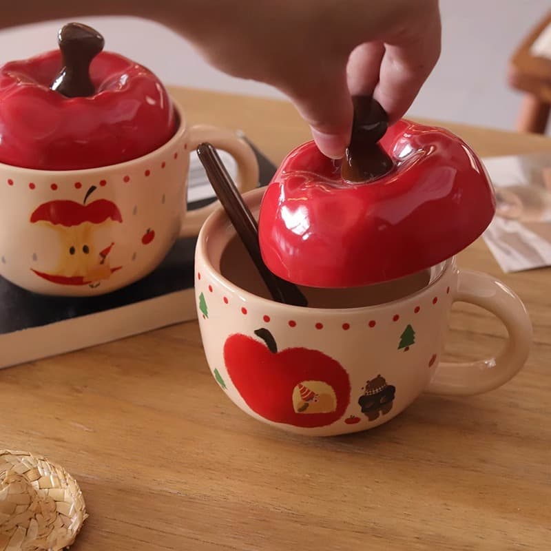 Vintage Girl Apple Cup with Lid and Spoon Mug Gift for Best Friend Birthday Ceramic Cup Household Drinking Cup