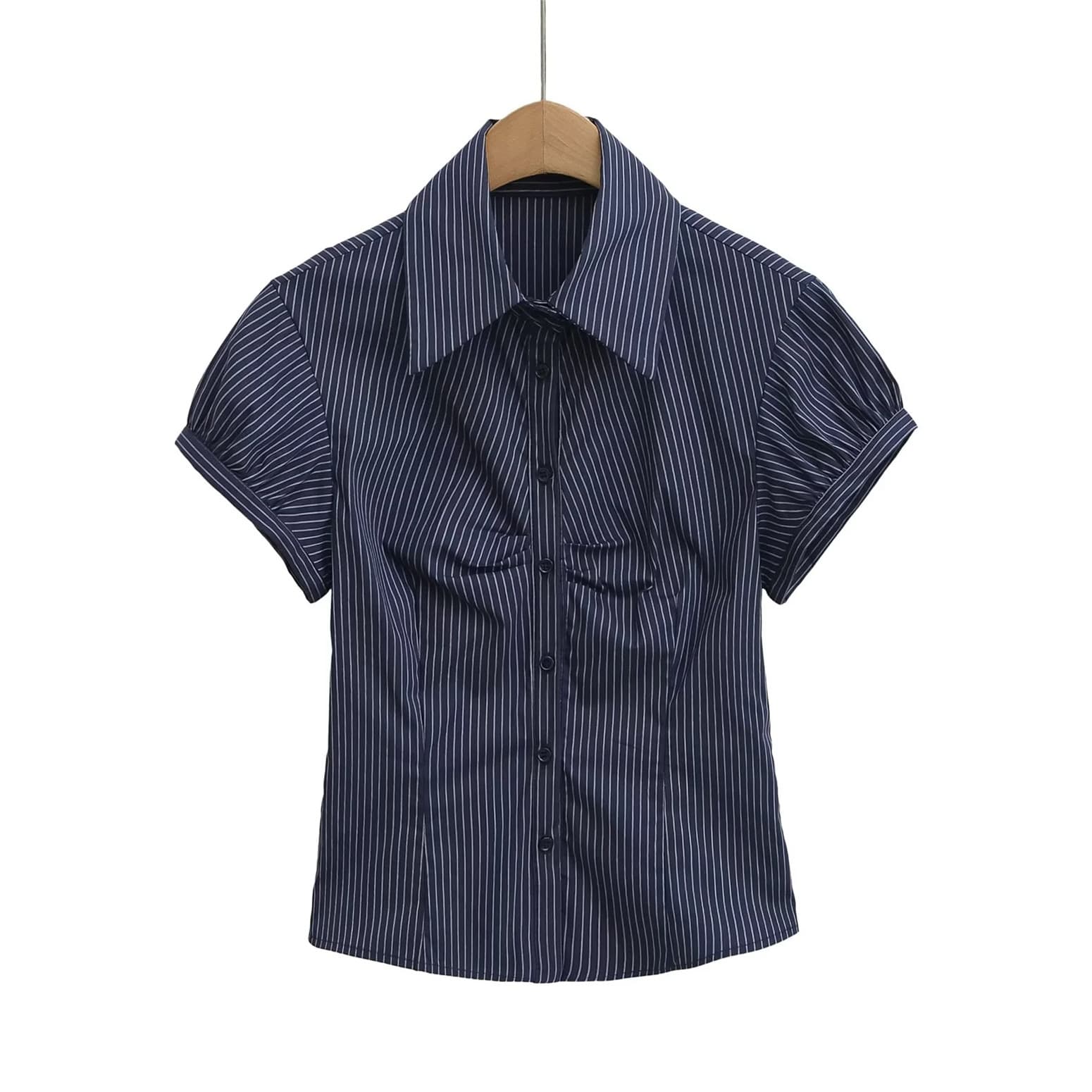 Navy Blue Vintage Striped Short-Sleeve Blouse for Women Summer Chic Fitted Waist Turn-Down Collar Regular Shoulder Top