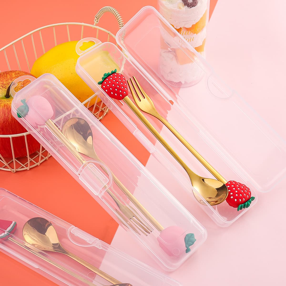 1 Christmas Dessert Fork and Spoon Set Chopsticks Doll Spoon Cartoon Tableware Fruit Fork Portable Coffee Gift Box