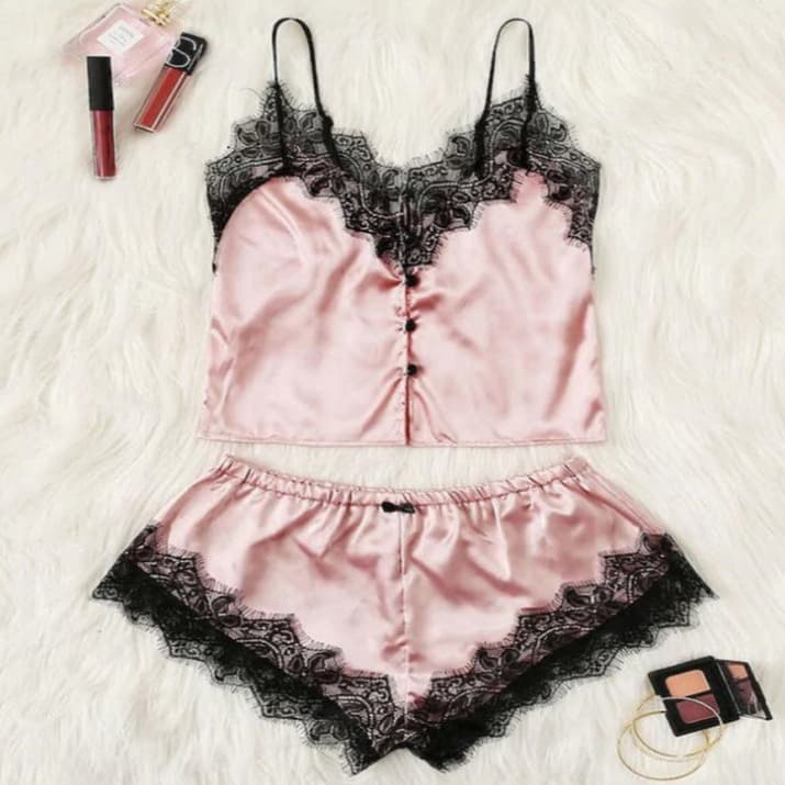Comfortable Sexy Lace Trim Underwear Home Clothes Two-Piece Set Fashionable Sleepwear Polyester Fiber Satin Fabric Women's Costume