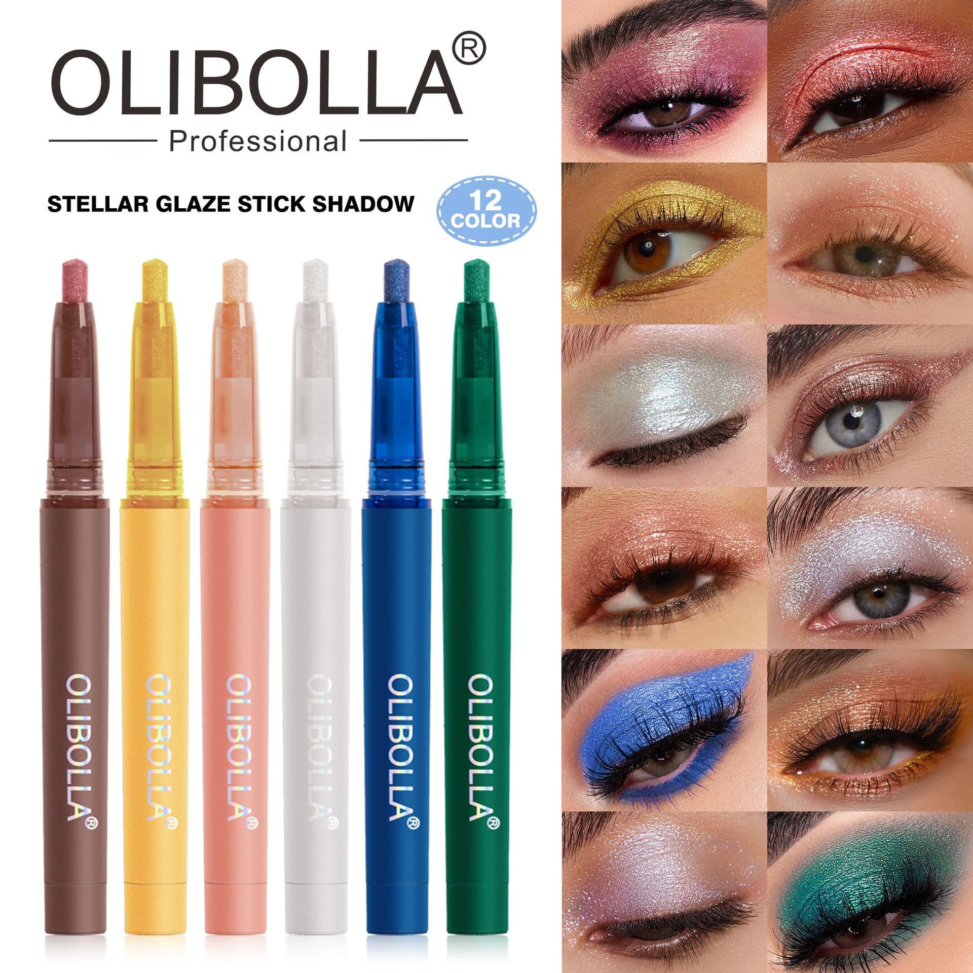 Olibolla Cross-Border Exclusive Twelve-Color High-Gloss Eye Shadow Pen Pearlescent Fine Glitter Jelly Eye Shadow Stick Amazon Hot Style