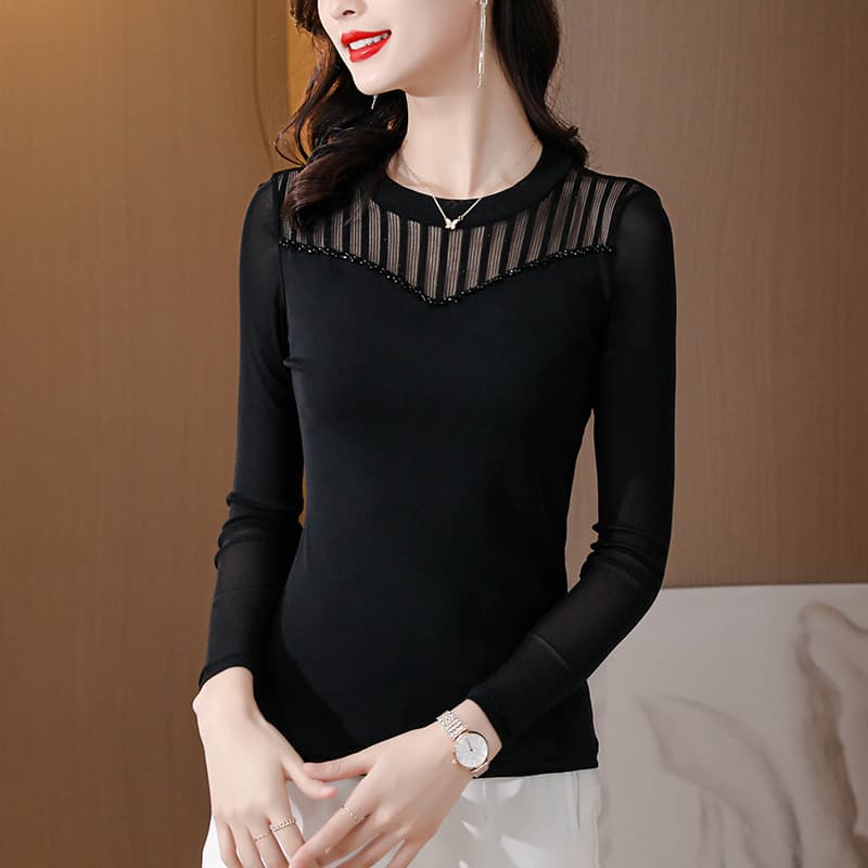 Spring/Autumn Lace Camisole Top for Women Long Sleeve Fashionable Versatile New Shiny Mesh Sheer Inner Wear Blouse