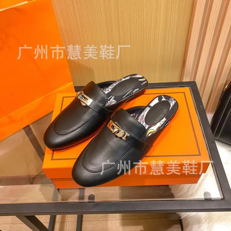 Baotou Half Slippers Women's Outdoor Sandals 2025 New Style H Brand Lock Buckle Flat Mule Shoes Versatile Low Heel Lazy Shoes
