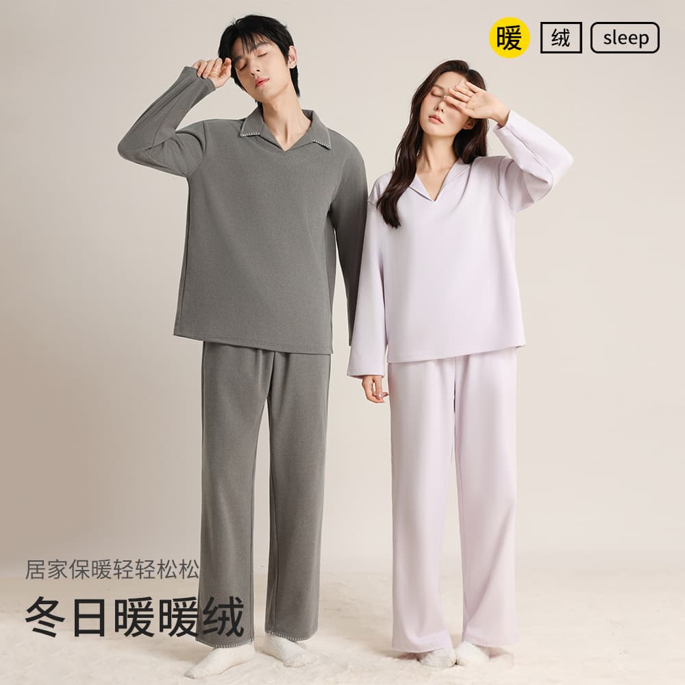 Cheese Velvet Pajamas for Couples, Soft and Soft, German Velvet Warm Brushed V Neck Home Clothes for Men and Women, Autumn and Winter Long-Sleeved Suits