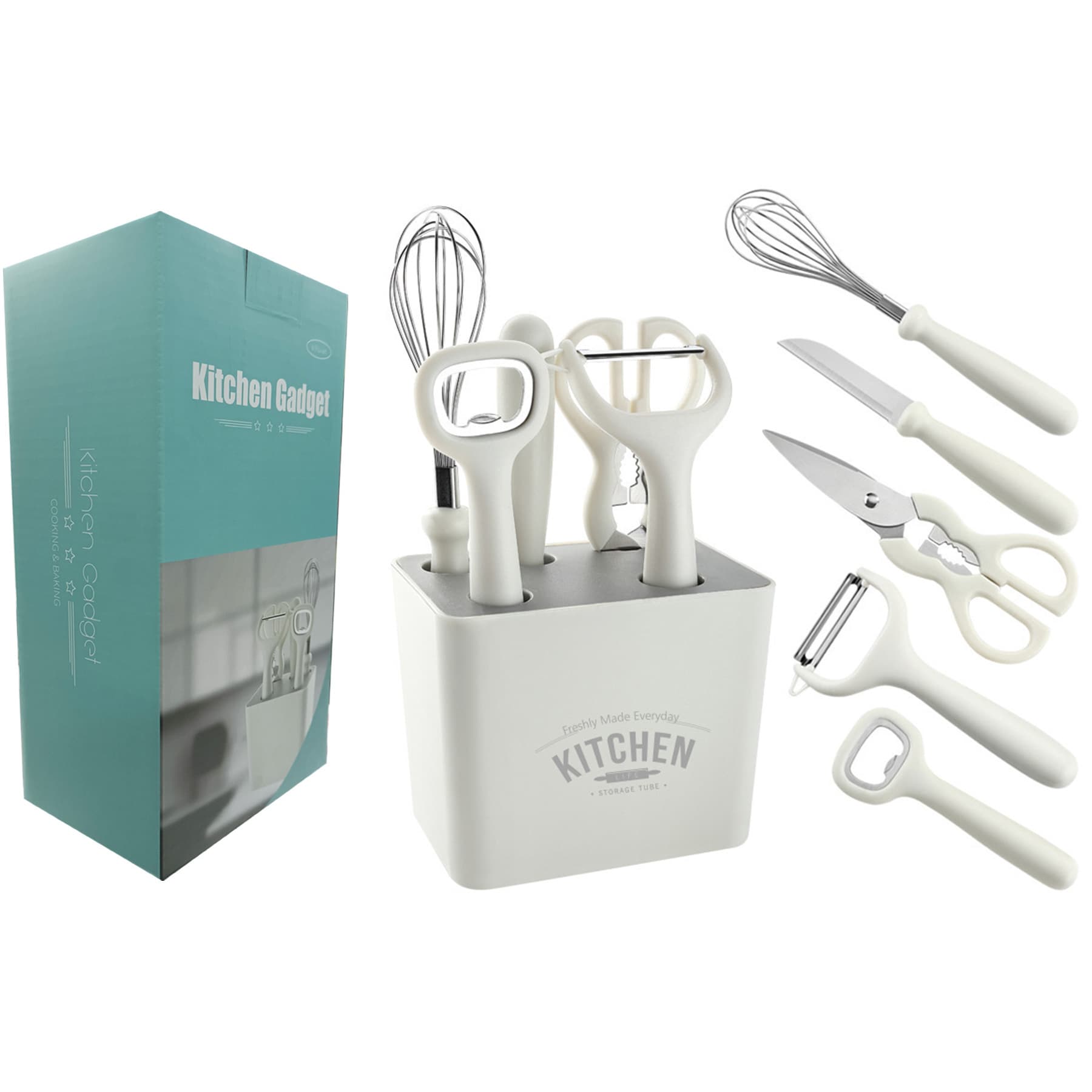 Kitchen Gadgets 6-Piece Fruit Knife Set with Storage Stand, Peeler, Scissors, Egg Beater, Multifunctional