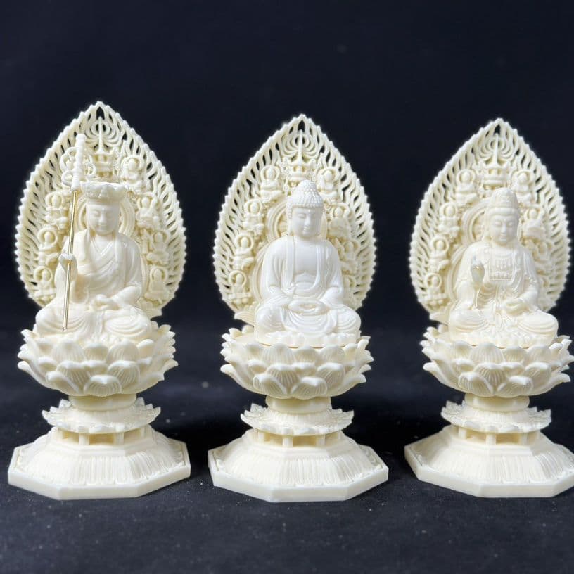 Ivory Nut Carved Oriental Three Saints Buddha Statue Sitting Lotus Guanyin Ksitigarbha Bodhisattva Home Car Decoration Wholesale