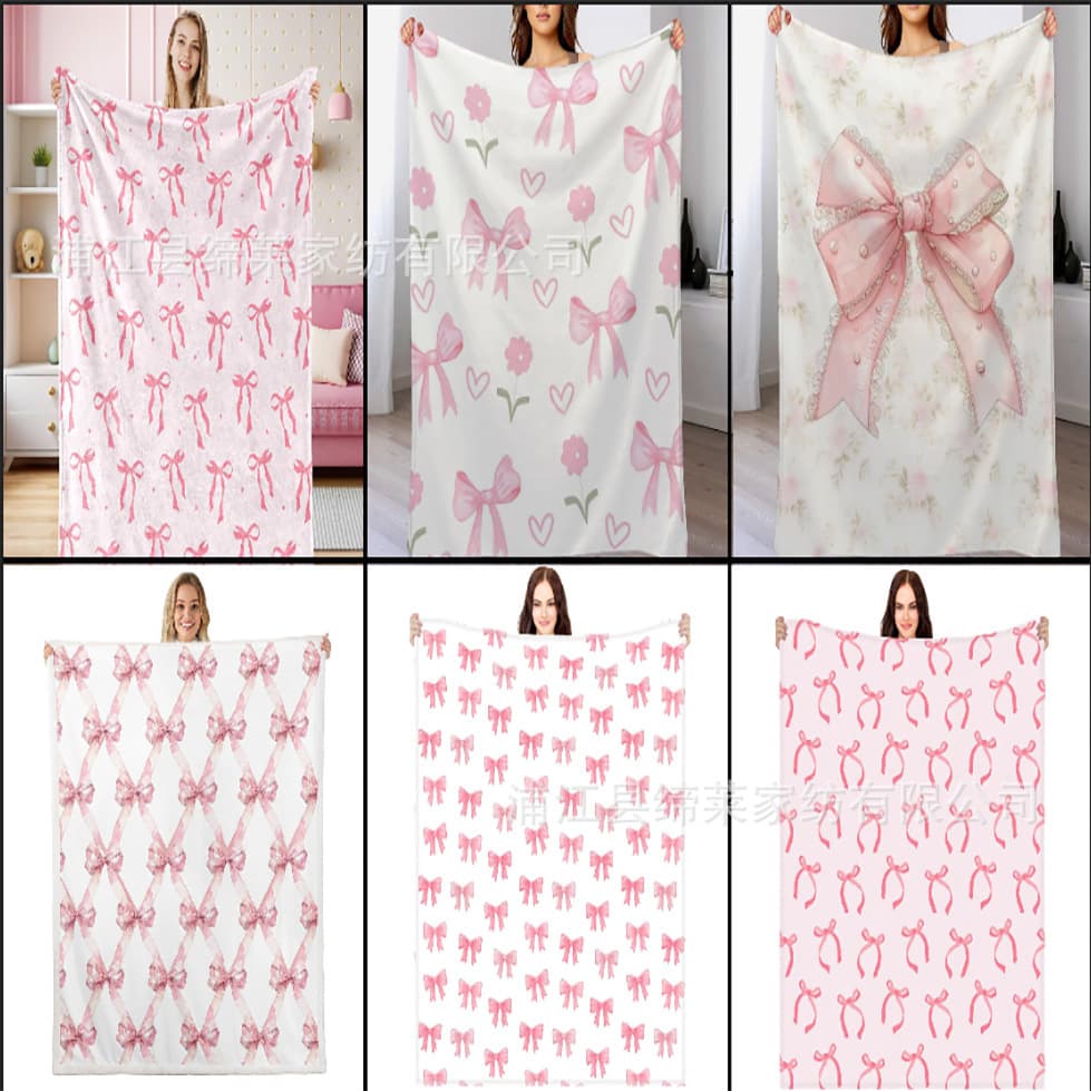 Cross-border trade pink bow flannel blanket soft and comfortable digital printed blanket sofa blanket wholesale