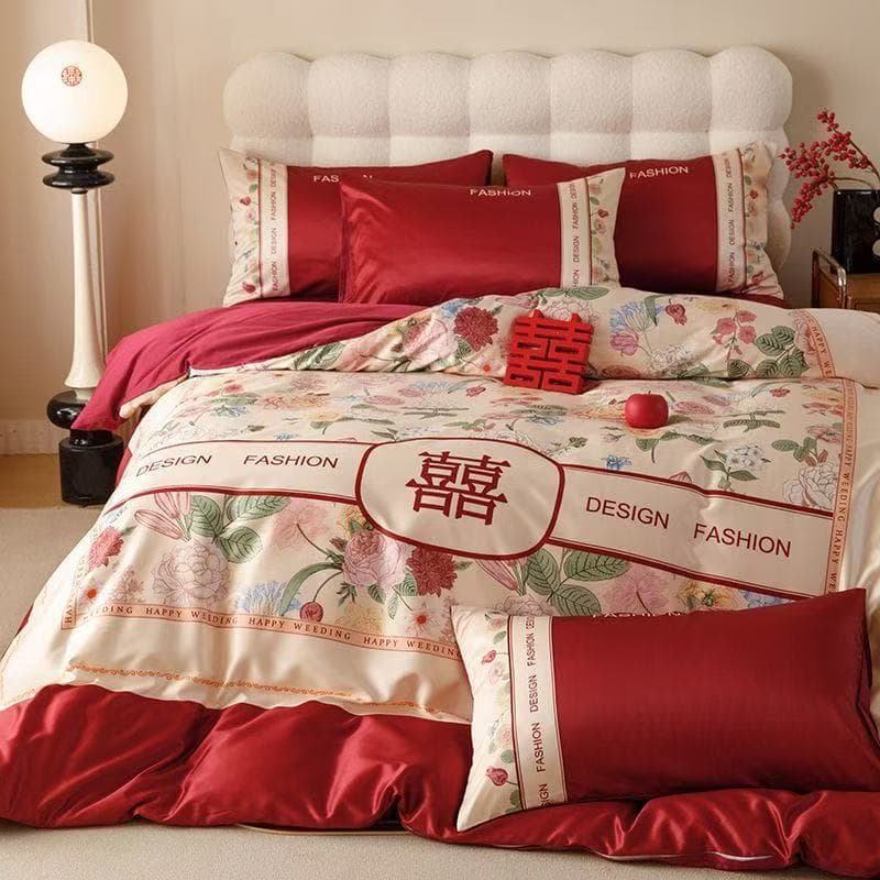Chinese-style wedding four-piece set, light luxury red floral print duvet cover and sheets, wedding dowry bedding, Amazon.