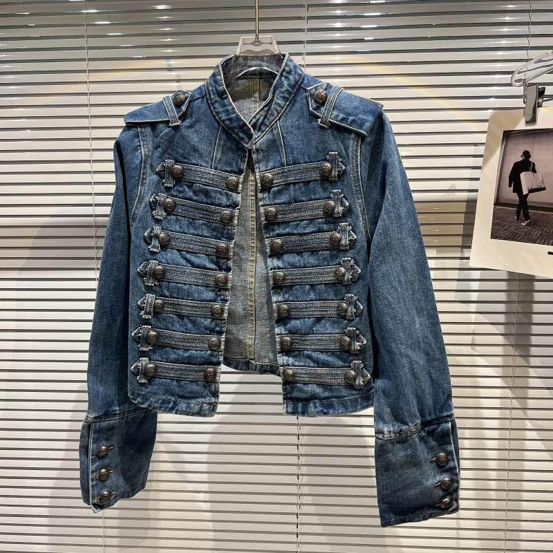 Trending 2026 Spring New Classic Metal Bone Buckle Strap Washed Denim Jacket Short Coat