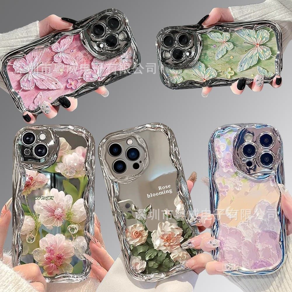 Oil Painting Floral for Apple 17 PRO Electroplated 15/14 Premium 13 Cream Case 12 Cross-border 11/16 New Silver