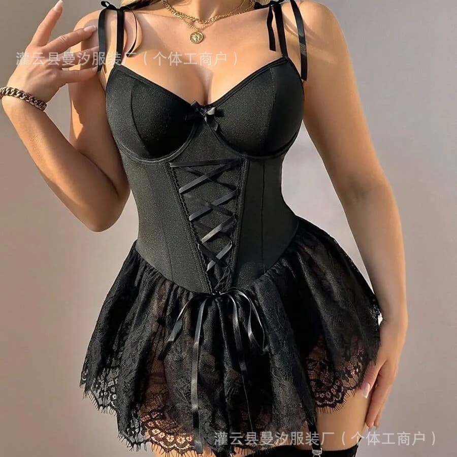 Cross-border Trade Source: European and American Sexy Fishbone Bow Tie Strap Pure Desire Girl Costume Lingerie