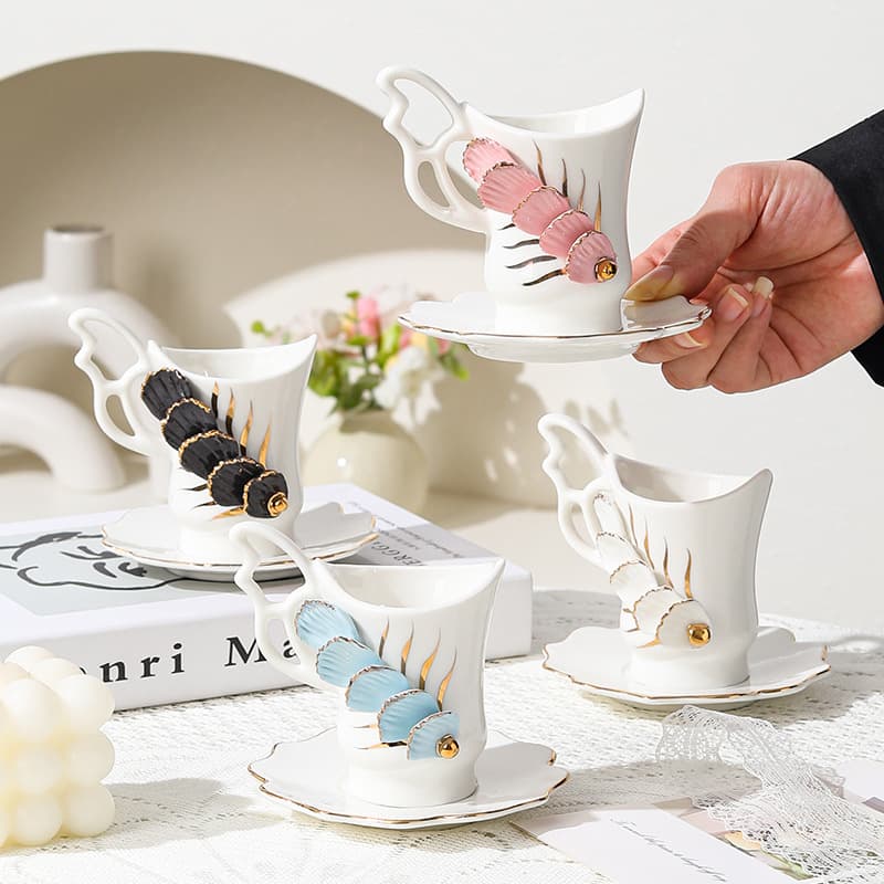 Simple and Fashionable Ceramic Coffee Cup & Saucer Set, High-End Espresso Ceramic Coffee Cup, Household Afternoon Tea Coffee Cup & Saucer