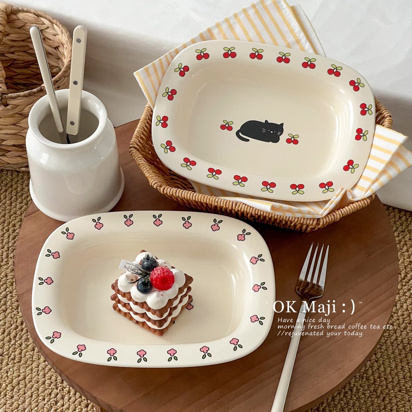 Cartoon Plate Ceramic Square Plate Rectangular Fruit Salad Plate Cute Tableware Afternoon Tea Dessert Plate Cake Dish