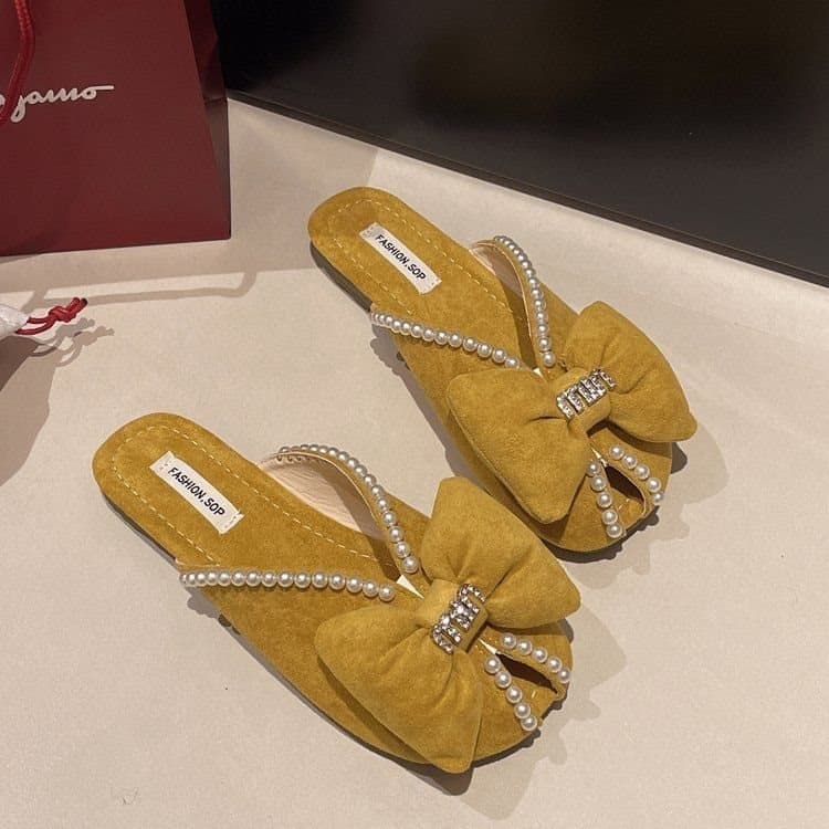 Baotou Half Slippers for Women Summer 2025 New Korean Style Butterfly Knot Pearl Flat Soft Sole Peep Toe Sandals