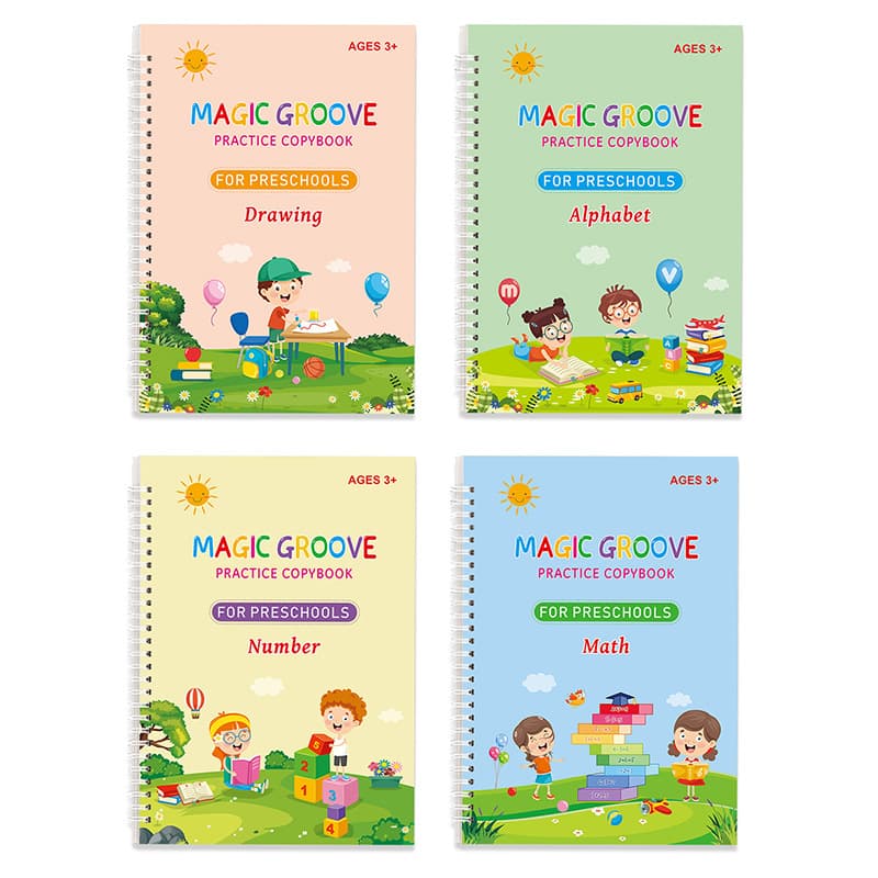 Cross-border Large English Grooved Handwriting Practice Copybook In Stock Amazon E-commerce English Version 4-Book Set Magic Handwriting Practice Notebook