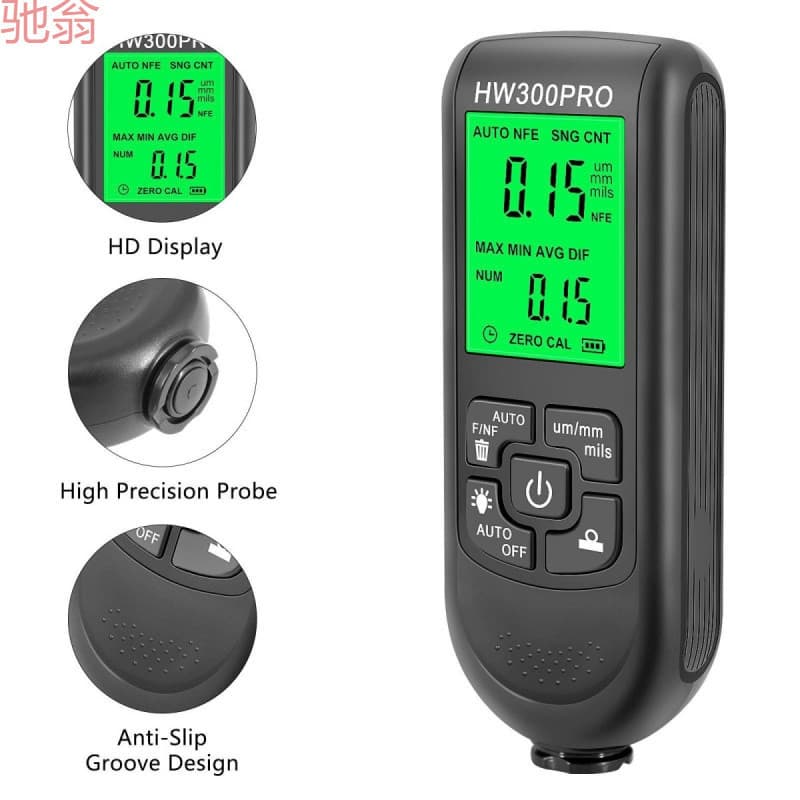 F6THW-300PRO Thickness Gauge - Digital Coating Thickness Tester for Automotive Paint and Metal Surfaces - Black Version