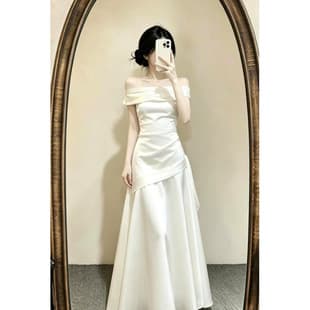 Off-shoulder Satin Engagement Dress French Elegant Beautiful Certificate Registration Little White Dress Light Wedding Dress Daily Wear Summer