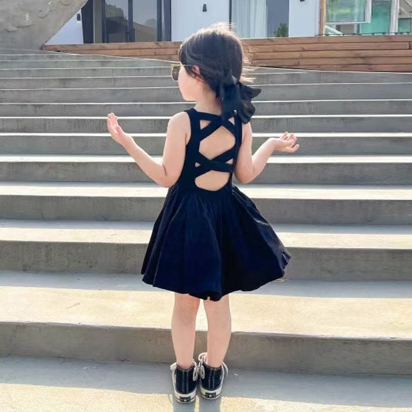 Girls Summer Dress, Korean Style Backless Black Strap Dress, Baby Girl Vest Dress