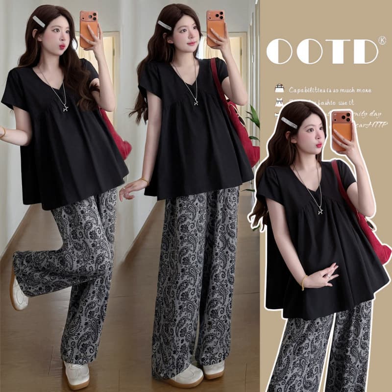 Real Shot Maternity Summer 2026 Hepburn Style Slimming Plus Size Maternity Babydoll Top Waist Flower Casual Support Belly Pants