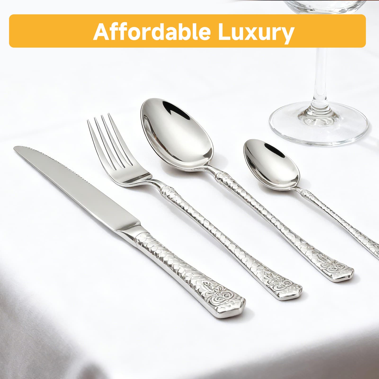 Cross-Border Stainless Steel Knife Fork Spoon Western Steak Knife Fork Hammered Handle Restaurant Hotel Knife Fork Spoon 4-Piece Main Set