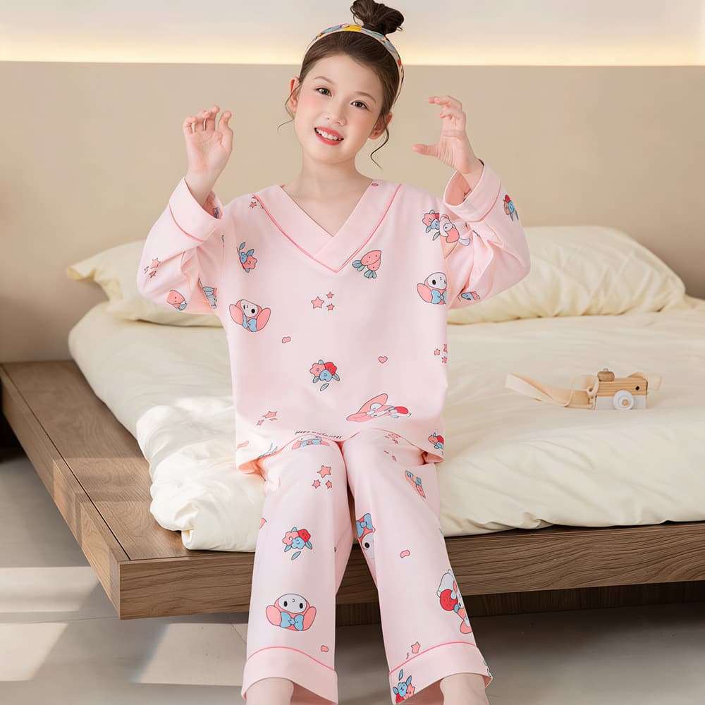 Children Girls Cloud Cotton Pajama V-Neck Set Long Sleeve Long Pants Cartoon Cute Spring Autumn Medium Large Kids Homewear