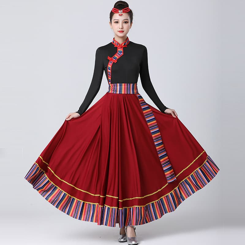 Tibetan dance performance costume for women, water-sleeve bodysuit top, Tibetan half skirt with large flare, Tibetan art exam practice skirt.